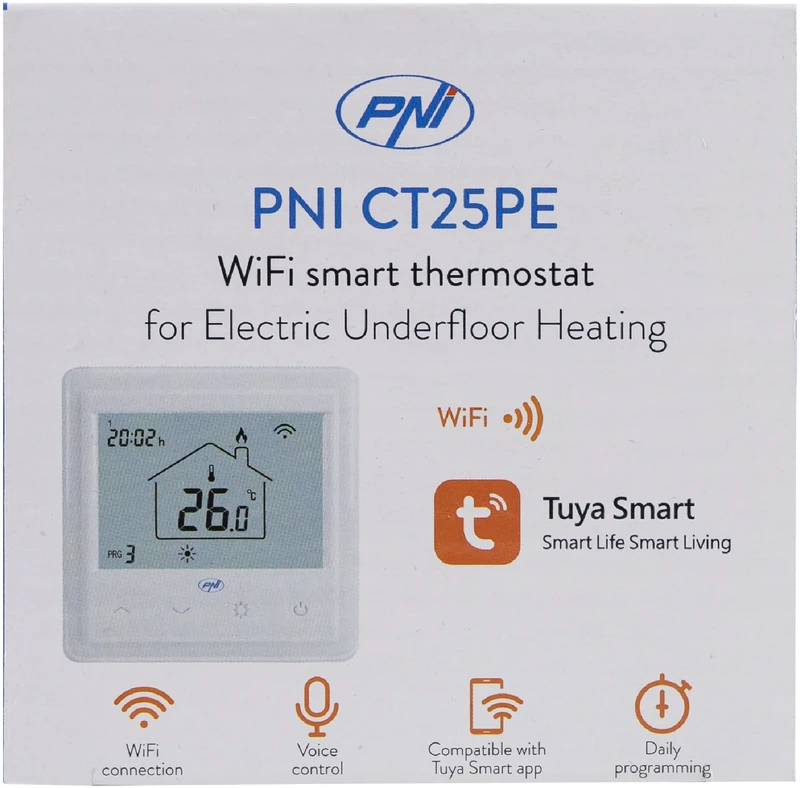 PNI CT25PE išmanusis termostatas su integruotu WiFi, valdymas internetu, elektriniam grindiniam šildymui, Tuya Smart mobilioji programėlė, integravimas į scenarijus ir išmanioji automatizacija su kitais produktais, suderinamais su Tuya, Alexa ir Google Assistant