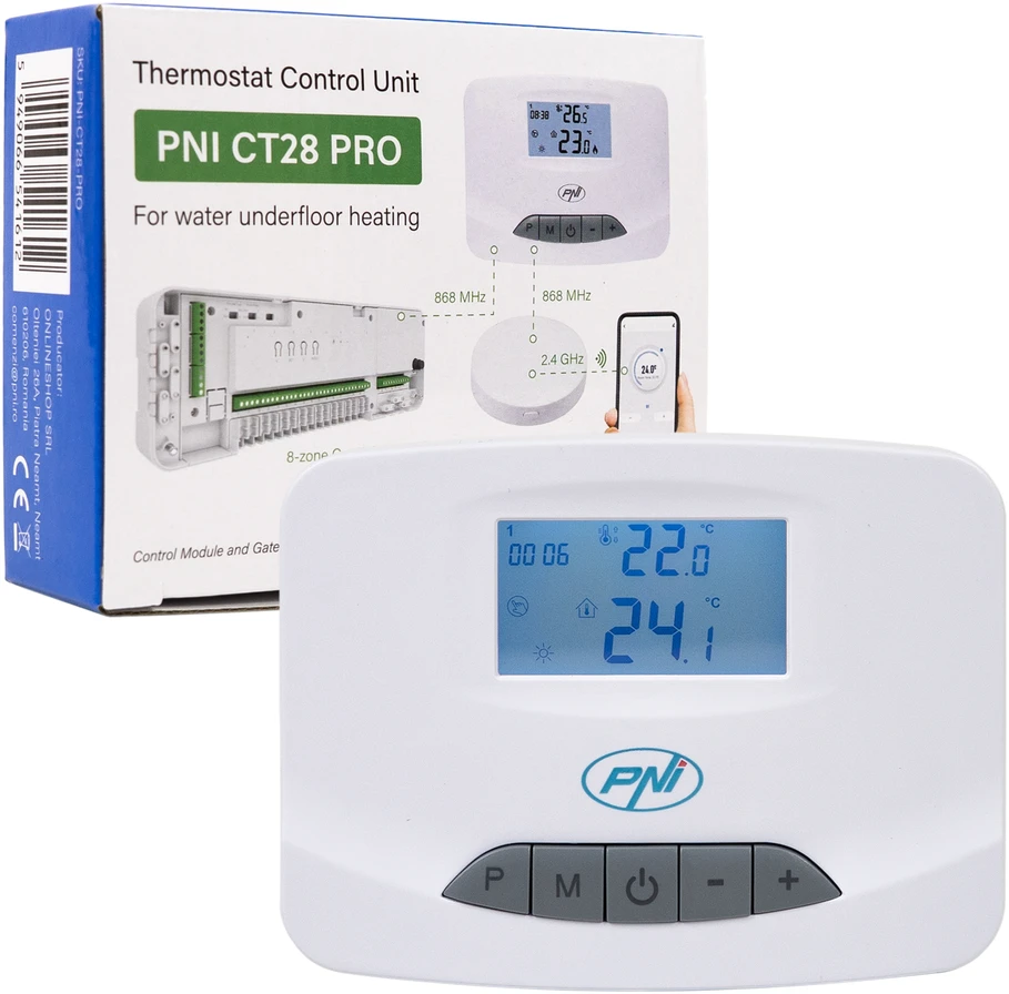 PNI CT28 Pro 4 Wi-Fi automatizavimo rinkinys grindiniam šildymui, Tuya Smart mobilioji programėlė, komplekte 4 valdymo blokai ir interneto šliuzas