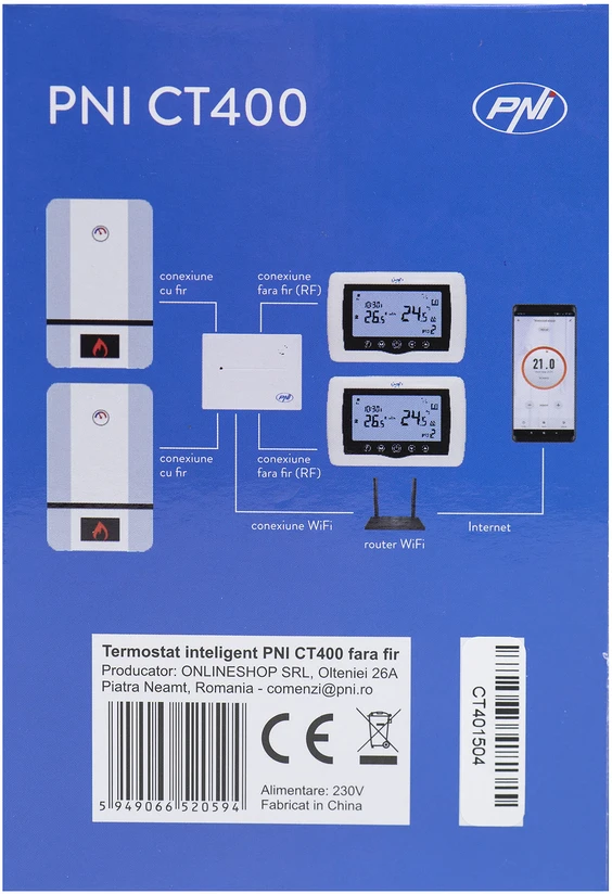 PNI CT400 belaidis išmanusis termostatas, su WiFi, 2 zonų valdymu internetu, skirtas šiluminėms elektrinėms, siurbliams, solenoidiniams vožtuvams, APP TuyaSmart