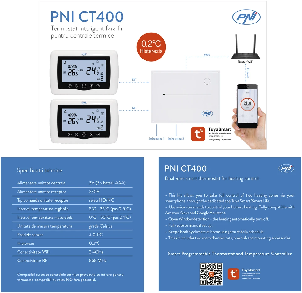 PNI CT400 belaidis išmanusis termostatas, su WiFi, 2 zonų valdymu internetu, skirtas šiluminėms elektrinėms, siurbliams, solenoidiniams vožtuvams, APP TuyaSmart