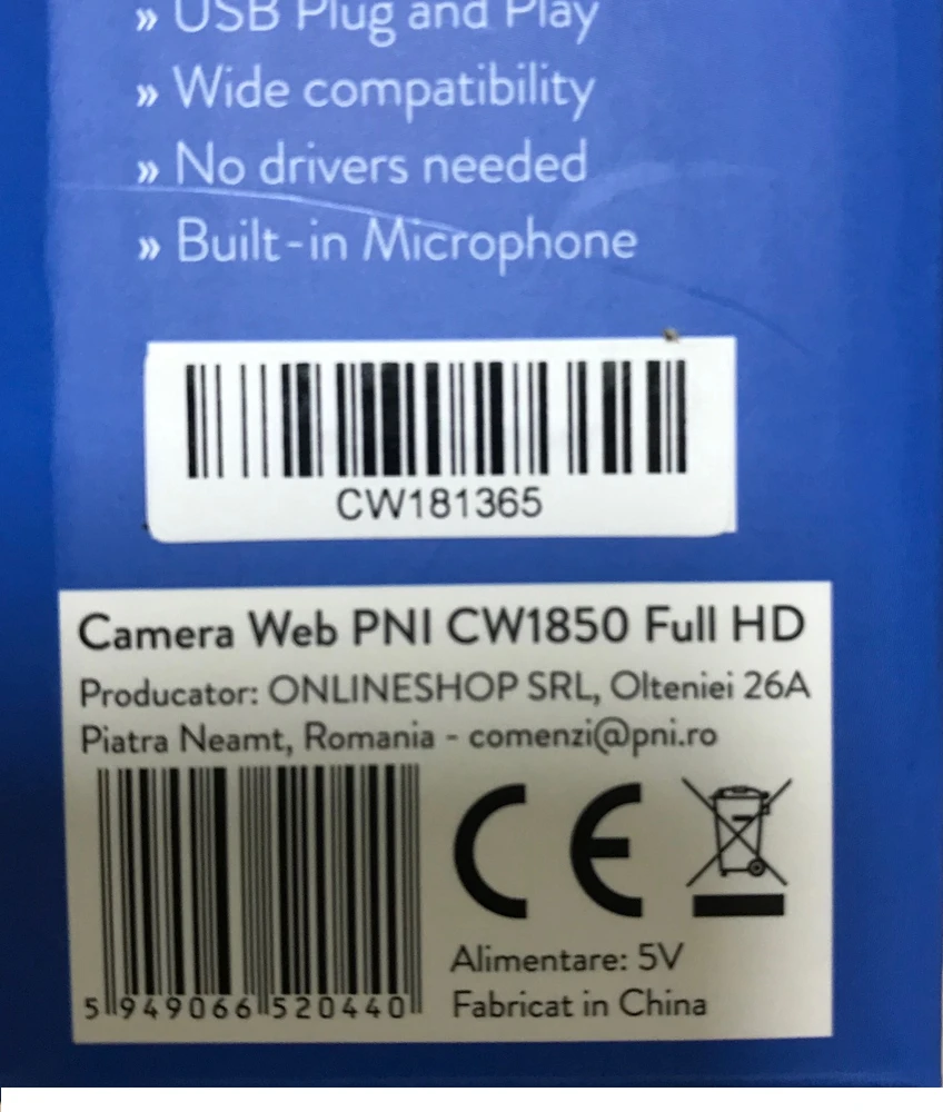 PNI CW1850 „Full HD“ internetinė kamera, USB jungtis, tvirtinimo spaustukas, integruotas mikrofonas