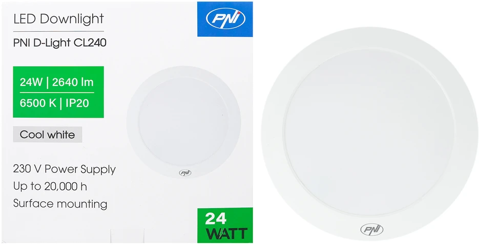 PNI D-Light CL240 24W LED lubinis šviestuvas, apvalus, 6500K, 230V maitinimo šaltinis, 2640 lm, baltas