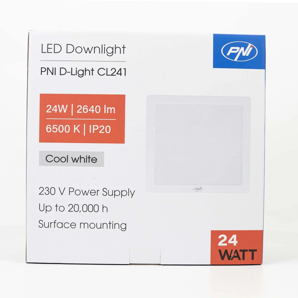 PNI D-Light CL241 24W LED lubinis šviestuvas, kvadratinis, 6500K, 230V maitinimo šaltinis, 2640 lm, baltas