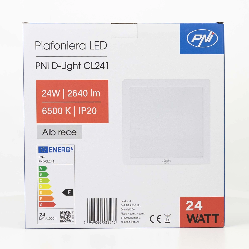 PNI D-Light CL241 24W LED lubinis šviestuvas, kvadratinis, 6500K, 230V maitinimo šaltinis, 2640 lm, baltas