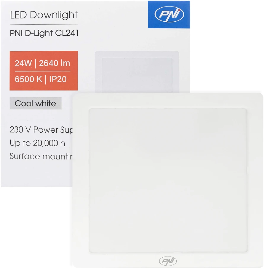 PNI D-Light CL241 24W LED lubinis šviestuvas, kvadratinis, 6500K, 230V maitinimo šaltinis, 2640 lm, baltas