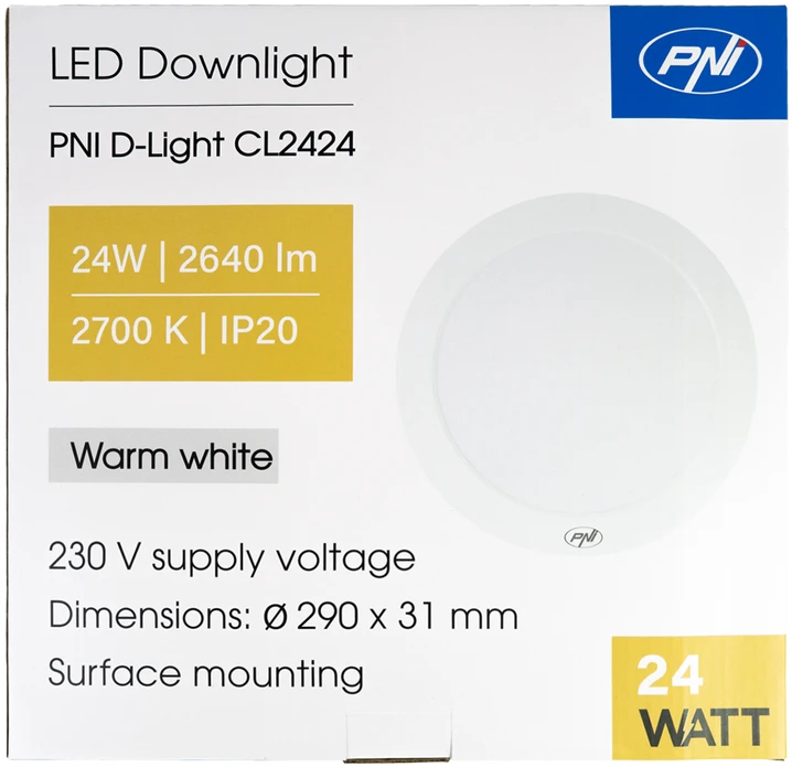 PNI D-Light CL2424 24W LED lubinis šviestuvas, apvalus 29 cm, 2700K, 230V maitinimo šaltinis, 2640 lm, šilta balta spalva