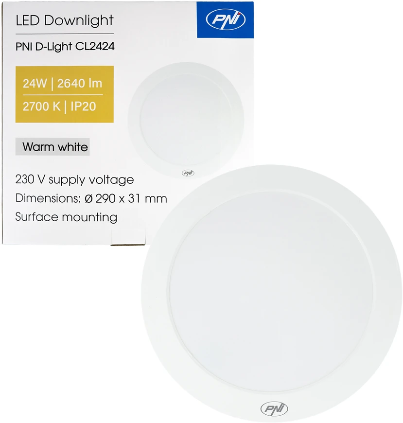 PNI D-Light CL2424 24W LED lubinis šviestuvas, apvalus 29 cm, 2700K, 230V maitinimo šaltinis, 2640 lm, šilta balta spalva