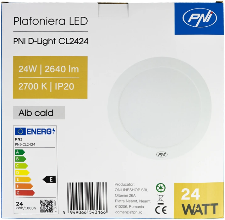 PNI D-Light CL2424 24W LED lubinis šviestuvas, apvalus 29 cm, 2700K, 230V maitinimo šaltinis, 2640 lm, šilta balta spalva