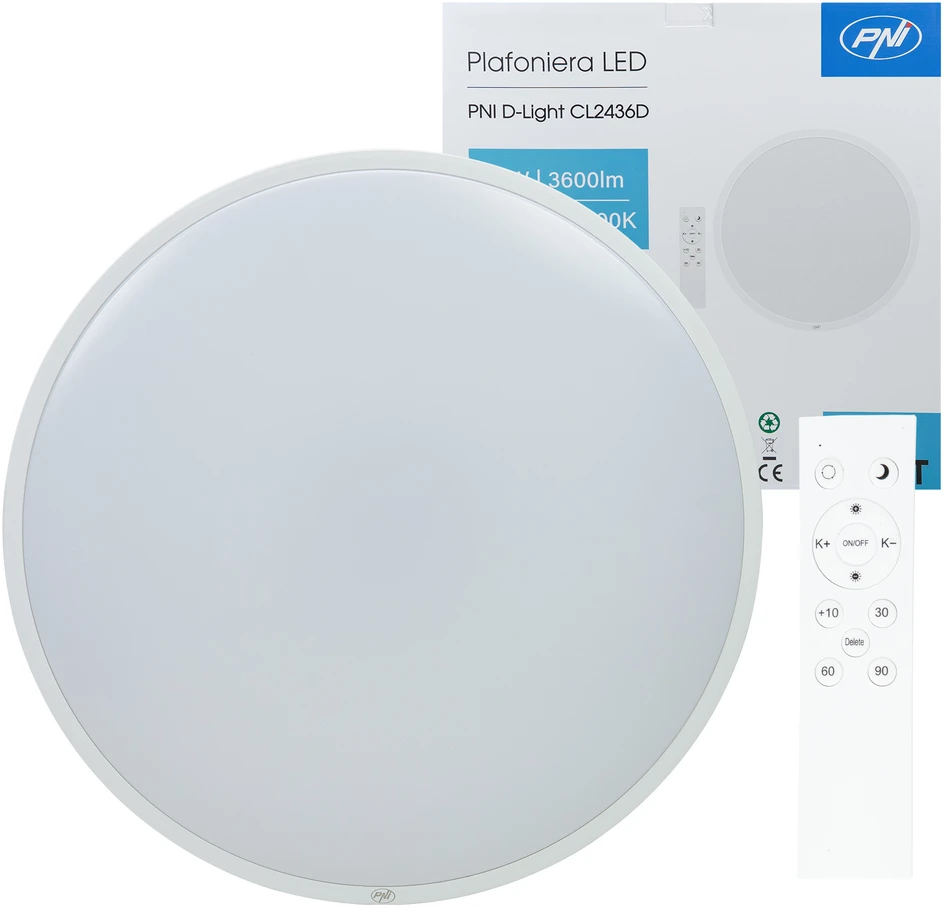 PNI D-Light CL2436D 36W LED lubinis šviestuvas, reguliuojamas, su nuotolinio valdymo pulteliu, apvalus 41 cm, 3000K-6500K, 230V maitinimo šaltinis, 3600 lm, baltas
