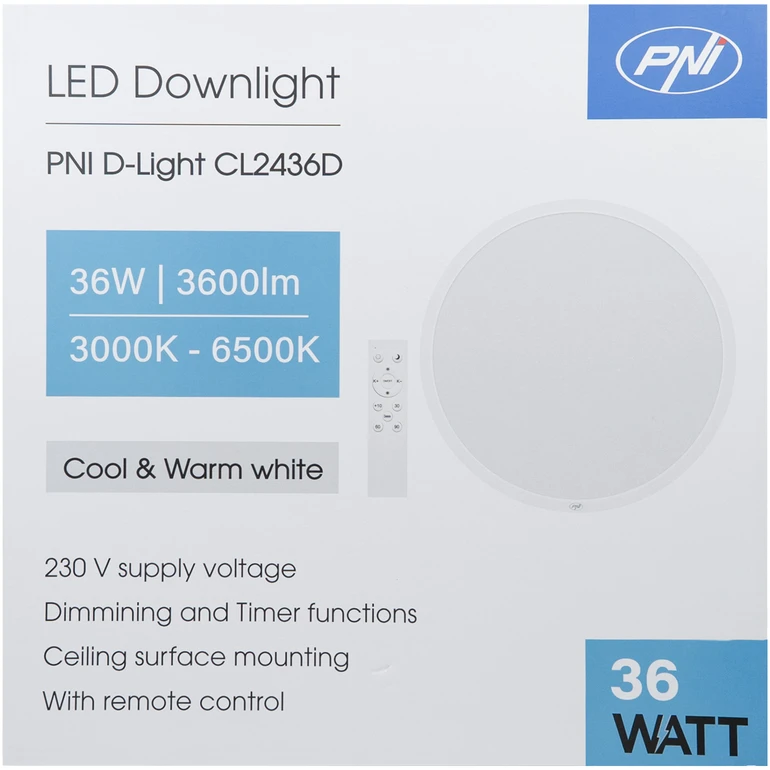 PNI D-Light CL2436D 36W LED lubinis šviestuvas, reguliuojamas, su nuotolinio valdymo pulteliu, apvalus 41 cm, 3000K-6500K, 230V maitinimo šaltinis, 3600 lm, baltas