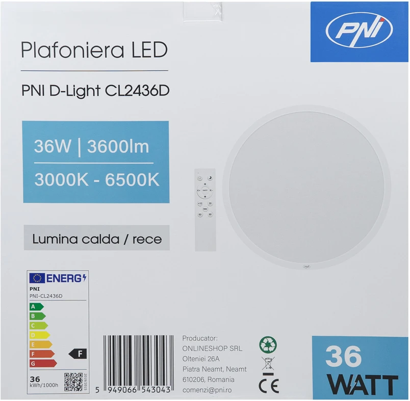 PNI D-Light CL2436D 36W LED lubinis šviestuvas, reguliuojamas, su nuotolinio valdymo pulteliu, apvalus 41 cm, 3000K-6500K, 230V maitinimo šaltinis, 3600 lm, baltas