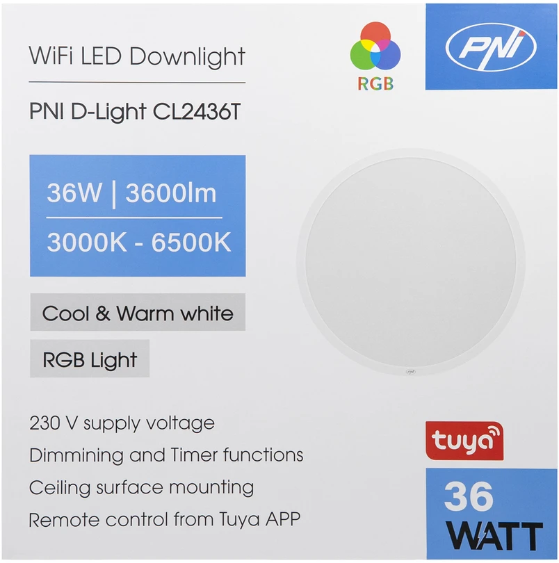 PNI D-Light CL2436T Wi-Fi LED lubinis šviestuvas, RGBW, 36W, reguliuojamas, apvalus 41 cm, 3000K-6500K, 230V maitinimo šaltinis, 3600 lm, baltas, valdomas per Tuya programėlę