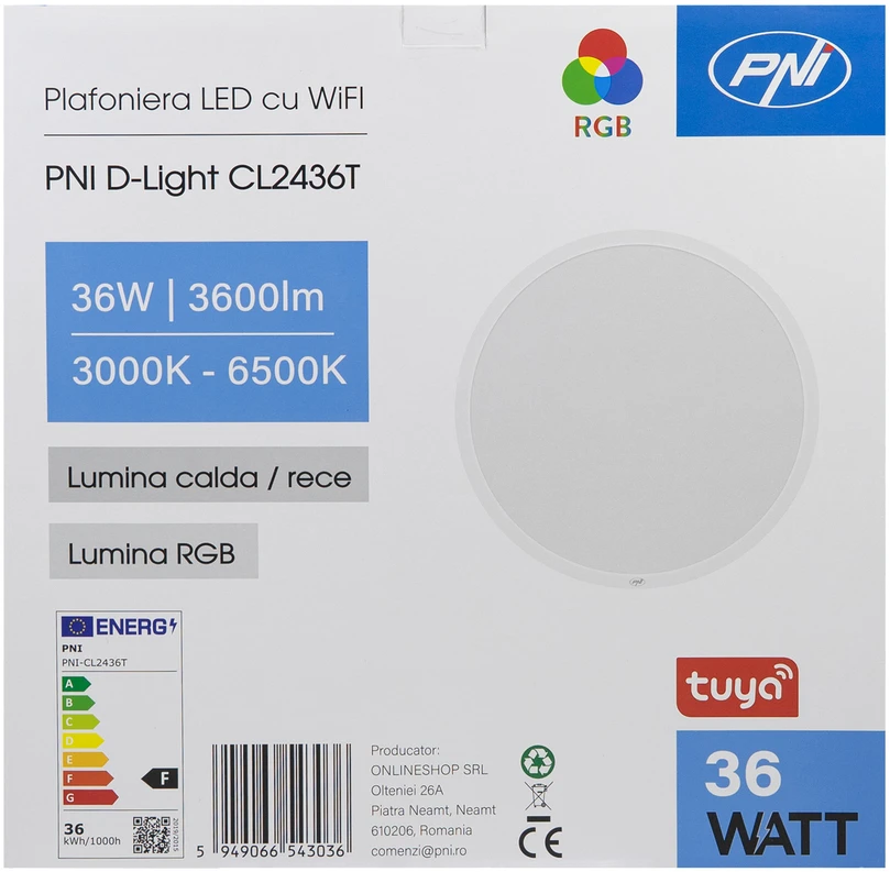 PNI D-Light CL2436T Wi-Fi LED lubinis šviestuvas, RGBW, 36W, reguliuojamas, apvalus 41 cm, 3000K-6500K, 230V maitinimo šaltinis, 3600 lm, baltas, valdomas per Tuya programėlę