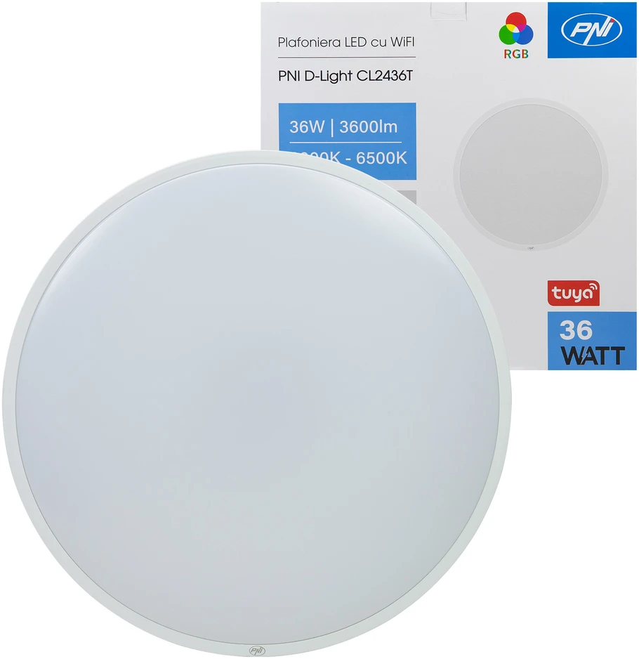 PNI D-Light CL2436T Wi-Fi LED lubinis šviestuvas, RGBW, 36W, reguliuojamas, apvalus 41 cm, 3000K-6500K, 230V maitinimo šaltinis, 3600 lm, baltas, valdomas per Tuya programėlę