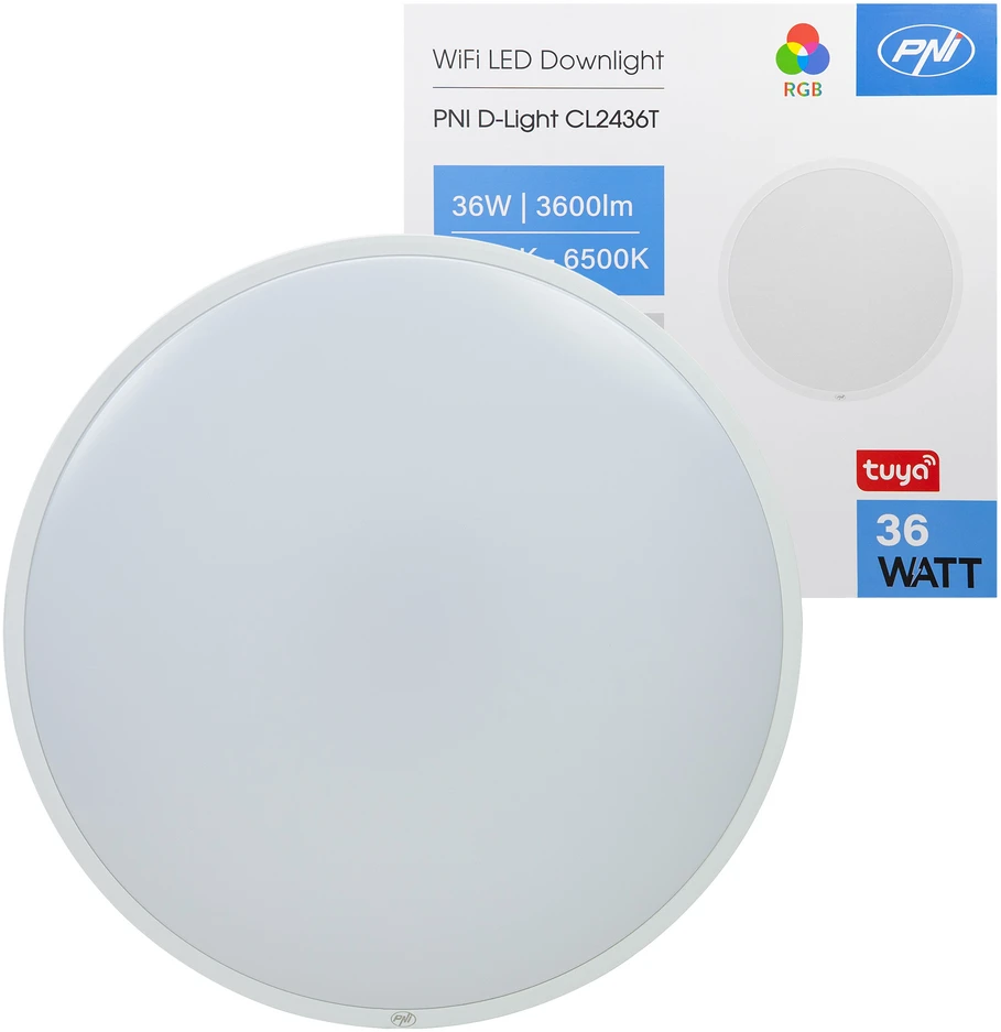 PNI D-Light CL2436T Wi-Fi LED lubinis šviestuvas, RGBW, 36W, reguliuojamas, apvalus 41 cm, 3000K-6500K, 230V maitinimo šaltinis, 3600 lm, baltas, valdomas per Tuya programėlę