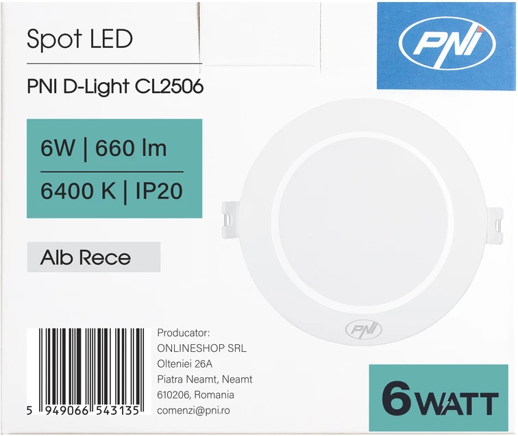 PNI D-Light CL2506 6W LED prožektorius, įleidžiamas, apvalus 120 cm, 6400K, 230V maitinimo šaltinis, 660 lm, šaltai balta spalva