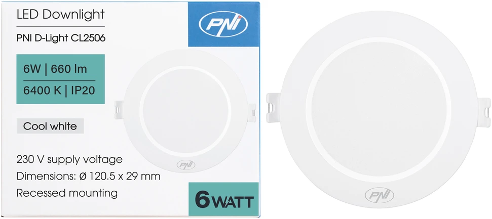 PNI D-Light CL2506 6W LED prožektorius, įleidžiamas, apvalus 120 cm, 6400K, 230V maitinimo šaltinis, 660 lm, šaltai balta spalva