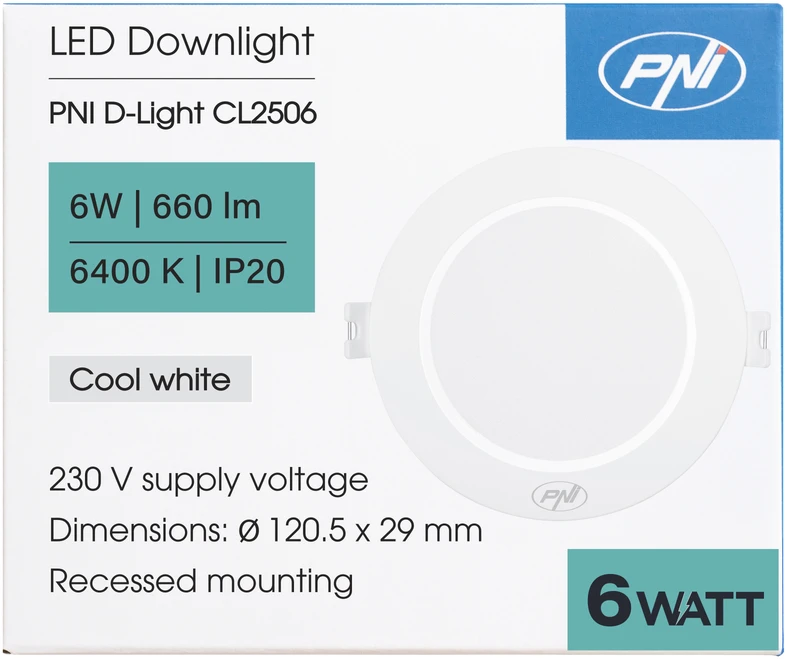 PNI D-Light CL2506 6W LED prožektorius, įleidžiamas, apvalus 120 cm, 6400K, 230V maitinimo šaltinis, 660 lm, šaltai balta spalva