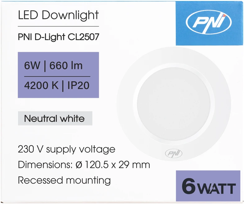 PNI D-Light CL2507 6W LED prožektorius, įleidžiamas, apvalus 12 cm, 4200K, 230V maitinimo šaltinis, 660 lm, neutrali balta spalva