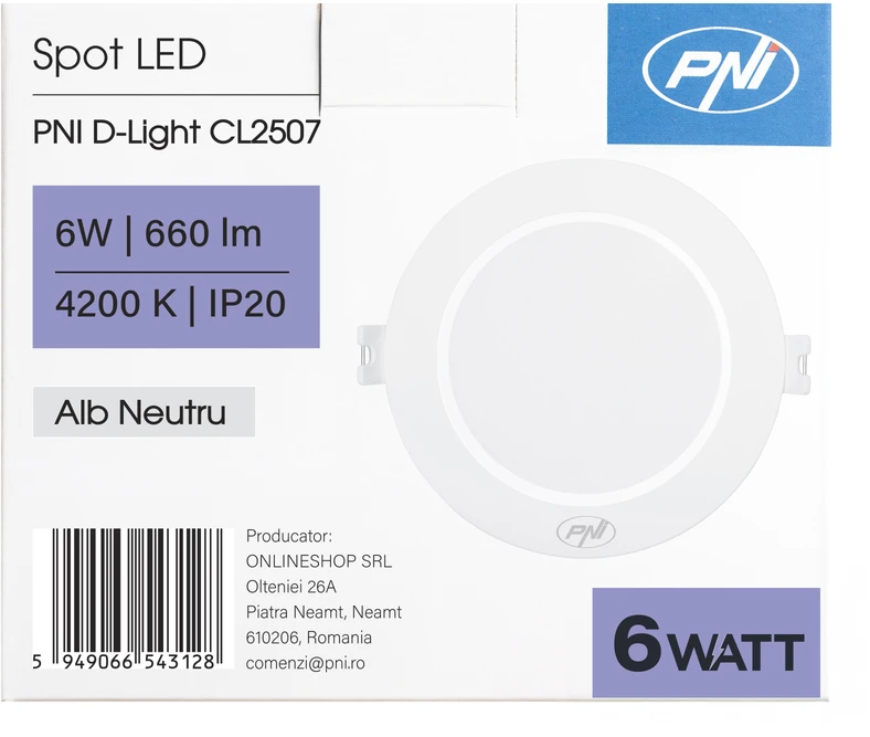 PNI D-Light CL2507 6W LED prožektorius, įleidžiamas, apvalus 12 cm, 4200K, 230V maitinimo šaltinis, 660 lm, neutrali balta spalva