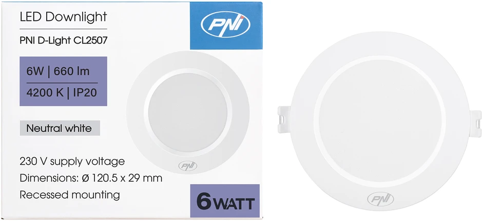 PNI D-Light CL2507 6W LED prožektorius, įleidžiamas, apvalus 12 cm, 4200K, 230V maitinimo šaltinis, 660 lm, neutrali balta spalva