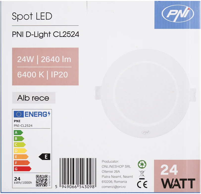 PNI D-Light CL2524 24W LED prožektorius, įleidžiamas, apvalus 29 cm, 6400K, 230V maitinimo šaltinis, 2640 lm, šaltai balta spalva