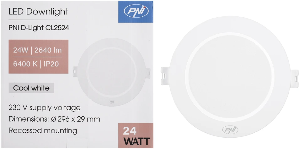 PNI D-Light CL2524 24W LED prožektorius, įleidžiamas, apvalus 29 cm, 6400K, 230V maitinimo šaltinis, 2640 lm, šaltai balta spalva
