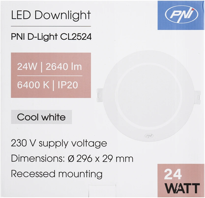 PNI D-Light CL2524 24W LED prožektorius, įleidžiamas, apvalus 29 cm, 6400K, 230V maitinimo šaltinis, 2640 lm, šaltai balta spalva