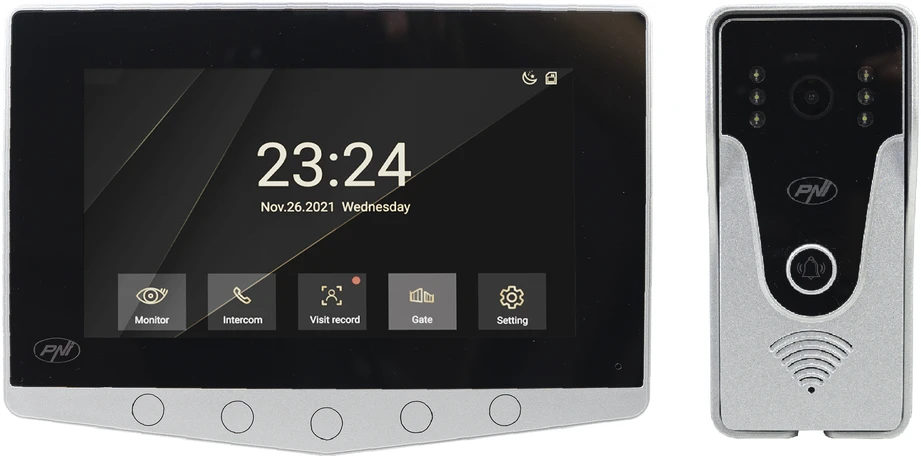PNI DF780 vaizdo domofonas su 1 monitoriumi, 7 colių 1080p jutikliniu ekranu, kortelės lizdu, IP65, palaiko nuoseklųjį 4 monitorių, 2 išorinių blokų ir 2 vaizdo stebėjimo kamerų prijungimą