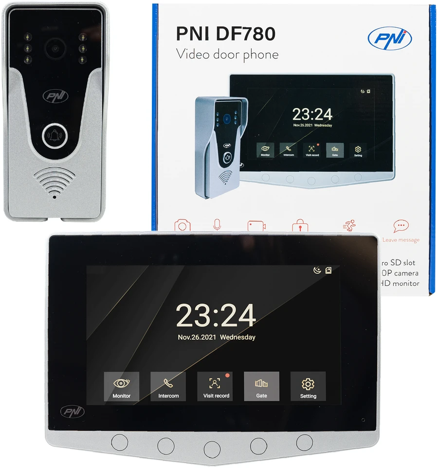 PNI DF780 vaizdo domofonas su 1 monitoriumi, 7 colių 1080p jutikliniu ekranu, kortelės lizdu, IP65, palaiko nuoseklųjį 4 monitorių, 2 išorinių blokų ir 2 vaizdo stebėjimo kamerų prijungimą