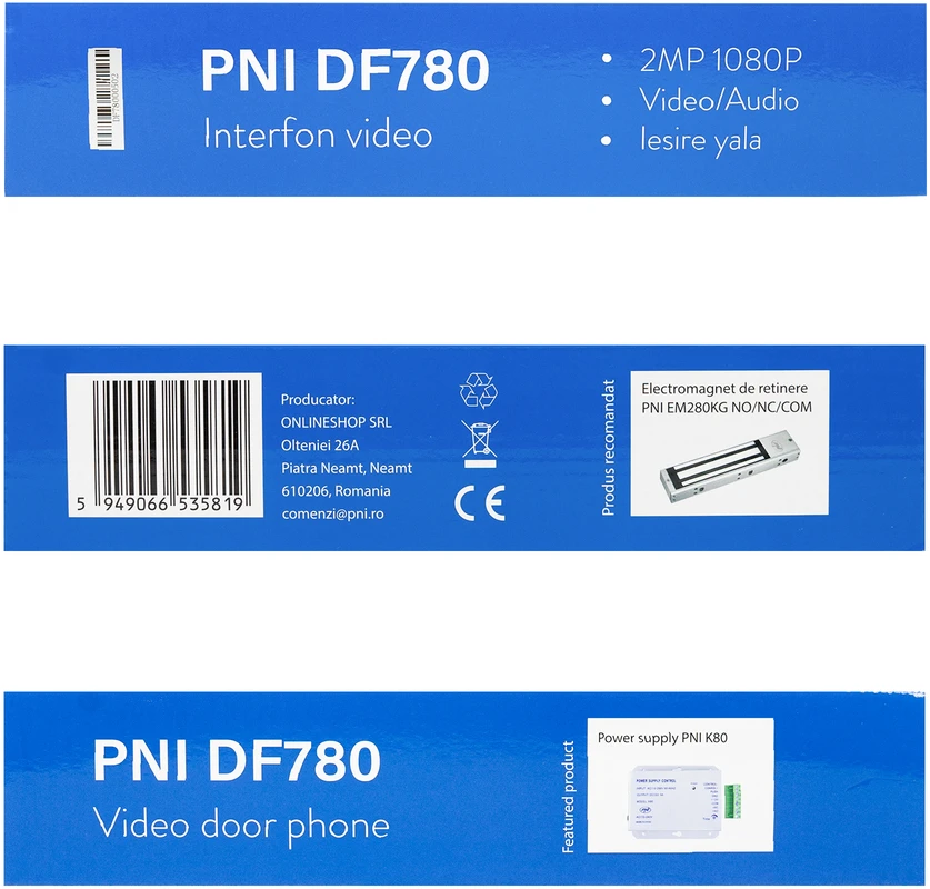 PNI DF780 vaizdo domofonas su 1 monitoriumi, 7 colių 1080p jutikliniu ekranu, kortelės lizdu, IP65, palaiko nuoseklųjį 4 monitorių, 2 išorinių blokų ir 2 vaizdo stebėjimo kamerų prijungimą