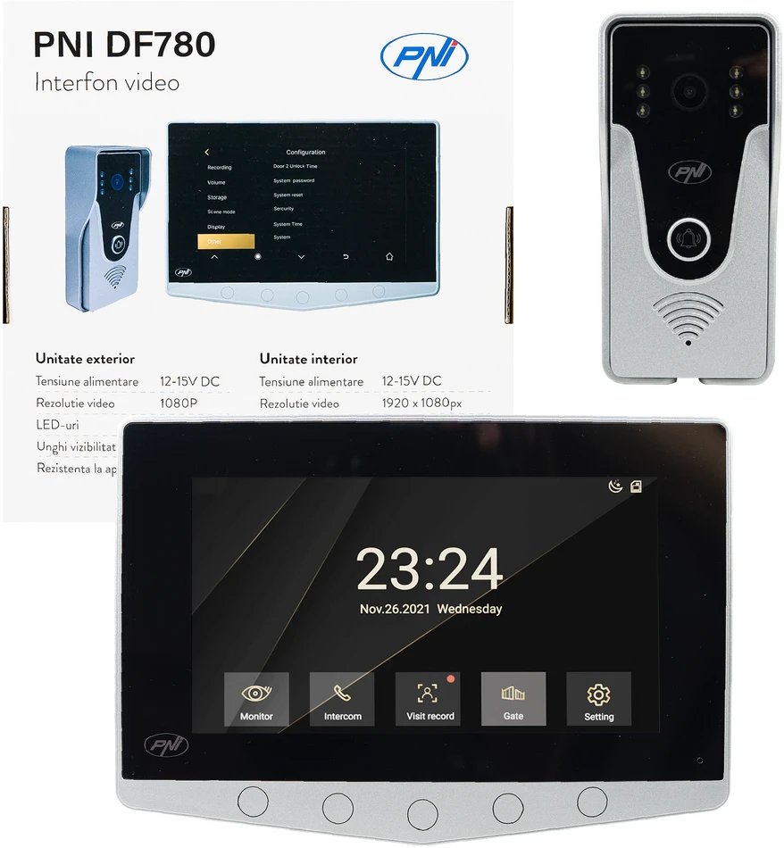 PNI DF780 vaizdo domofonas su 1 monitoriumi, 7 colių 1080p jutikliniu ekranu, kortelės lizdu, IP65, palaiko nuoseklųjį 4 monitorių, 2 išorinių blokų ir 2 vaizdo stebėjimo kamerų prijungimą