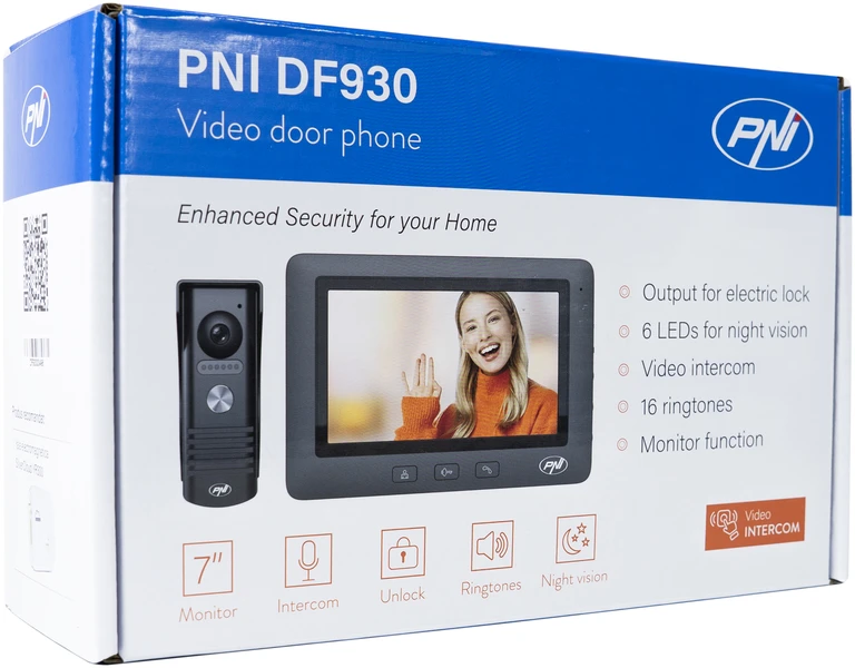 PNI DF930 vaizdo telefonspynė su 1 monitoriumi, 7 colių LCD ekranu, 800×480, elektromagnetinės spynos išvestimi, juoda