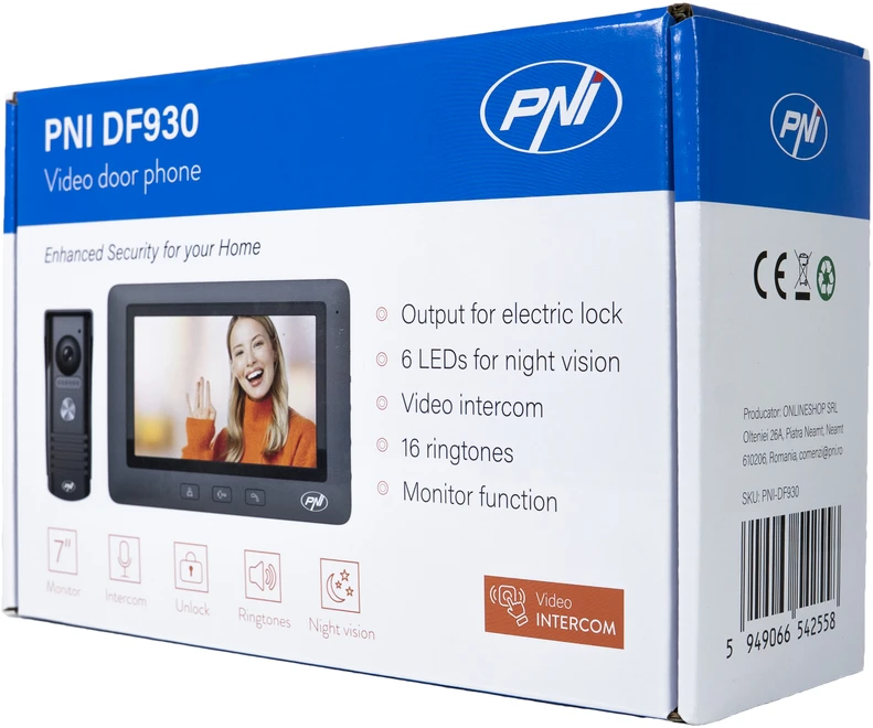 PNI DF930 vaizdo telefonspynė su 1 monitoriumi, 7 colių LCD ekranu, 800×480, elektromagnetinės spynos išvestimi, juoda