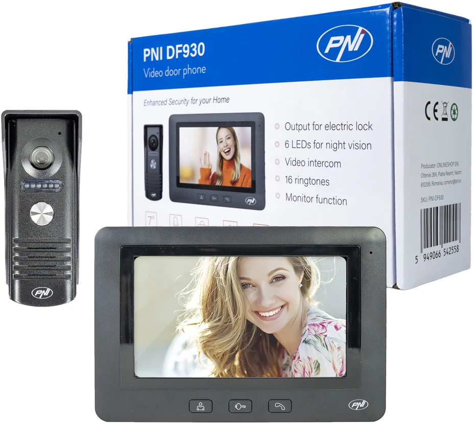 PNI DF930 vaizdo telefonspynė su 1 monitoriumi, 7 colių LCD ekranu, 800×480, elektromagnetinės spynos išvestimi, juoda