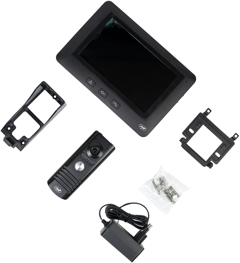 PNI DF930 vaizdo telefonspynės komplektas su 1 monitoriumi, 7 colių LCD ekranu, 800×480 raiška ir PNI H1073A elektromagnetine sklende