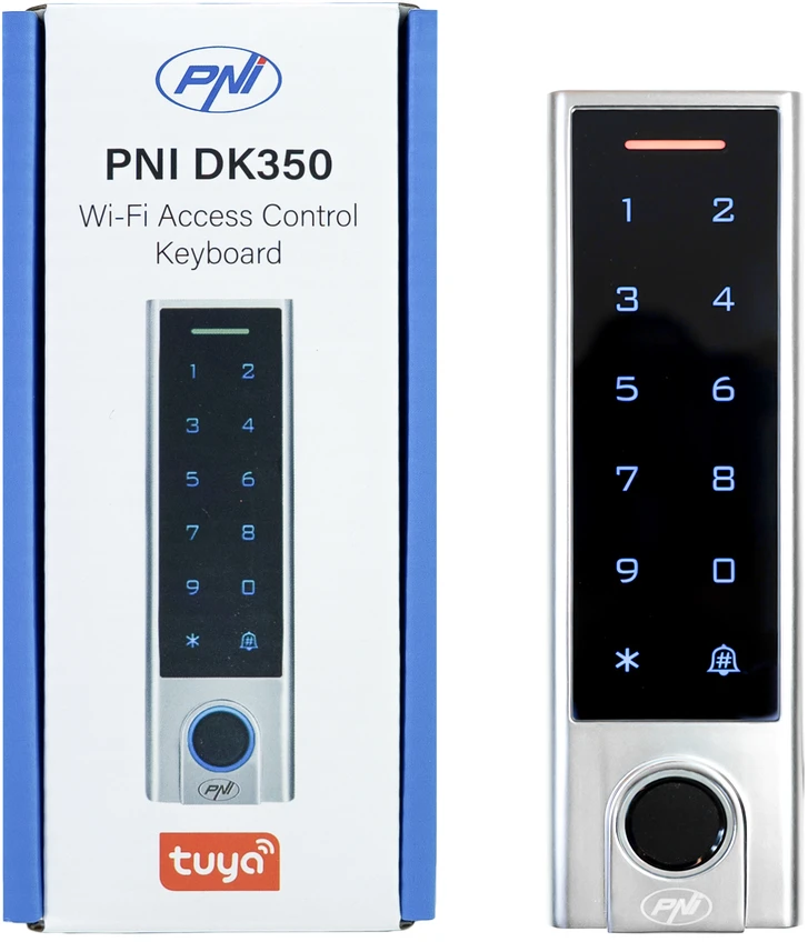 PNI DK350 prieigos kontrolės klaviatūra su „Wi-Fi“, prieigos kortele, pirštų atspaudų skaitytuvu, PIN kodu, jutikliniu valdymu, IP66, „Tuya“ programėle