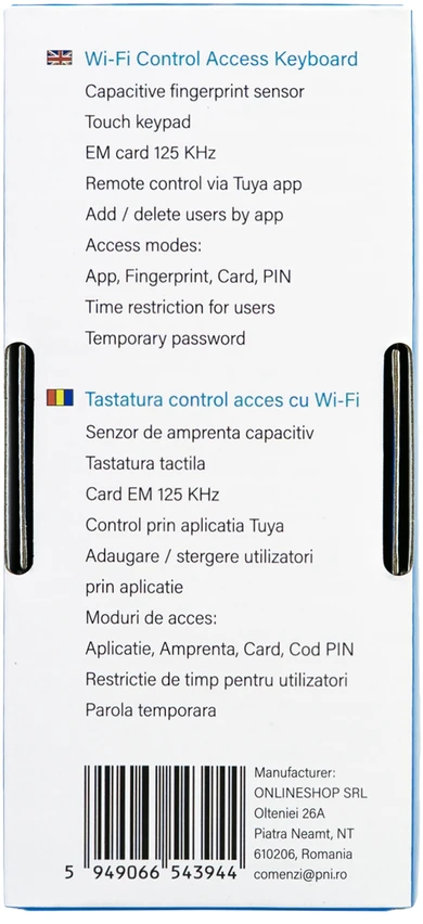 PNI DK350 prieigos kontrolės klaviatūra su „Wi-Fi“, prieigos kortele, pirštų atspaudų skaitytuvu, PIN kodu, jutikliniu valdymu, IP66, „Tuya“ programėle