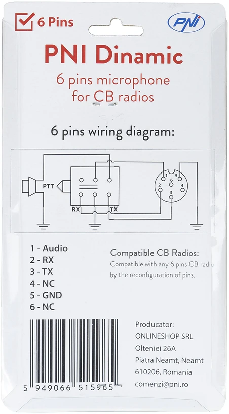PNI Dynamic 6 kontaktų mikrofonas CB radijo stotelei