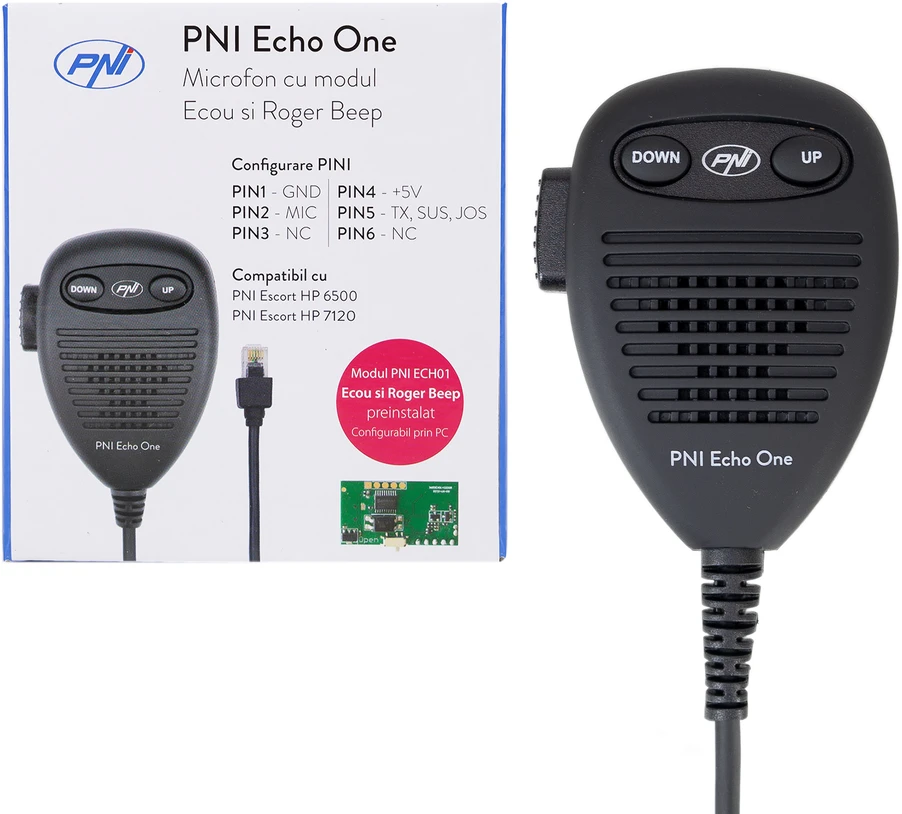 PNI Echo One mikrofonas, skirtas PNI HP 6500 ir PNI HP 7120, su aido režimu ir programuojamu „roger beep“ signalu