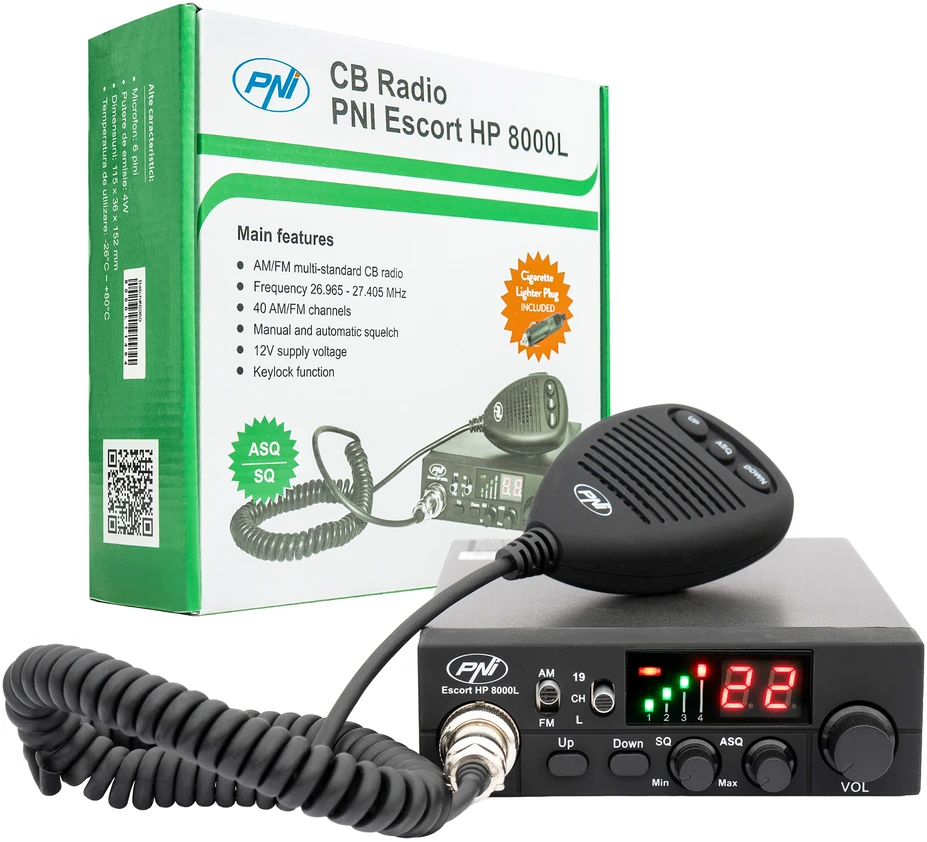 PNI Escort CB radijo stotelė HP 8000L su reguliuojamu ASQ, 12V, 4W, užraktu, pridedamas cigarečių degiklio kištukas