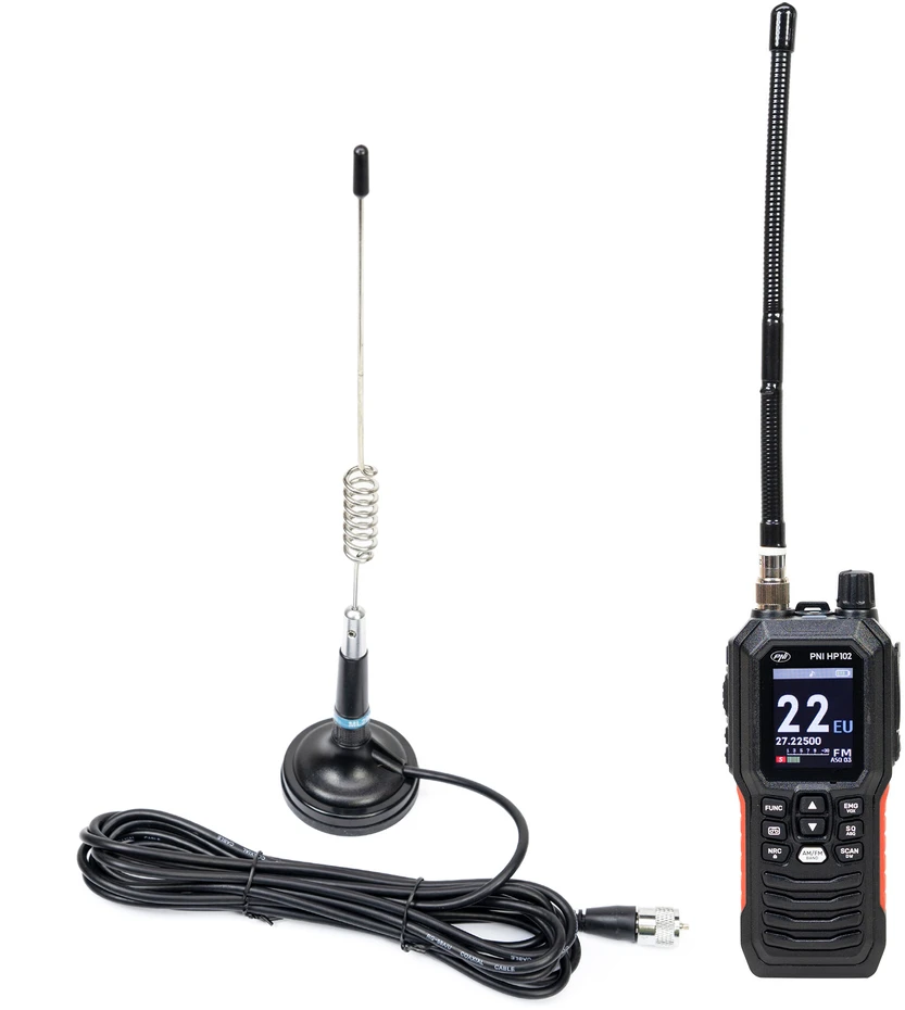PNI Escort HP 102 kelių standartų nešiojama CB radijo stotelė, 4W, 12V-24V, AM-FM su PNI ML29 CB antena su magnetu