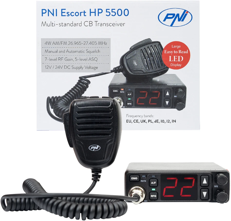 PNI Escort HP 5500 CB radijo stotelė, multistandartinė, 4W, AM-FM, 12V/24V, ASQ, RF Gain, komplekte yra cigarečių degiklio kištukas