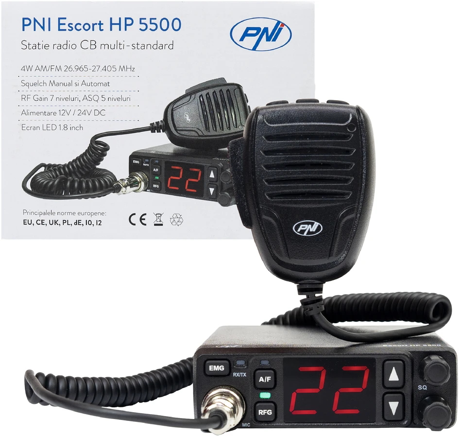 PNI Escort HP 5500 CB radijo stotelė, multistandartinė, 4W, AM-FM, 12V/24V, ASQ, RF Gain, komplekte yra cigarečių degiklio kištukas