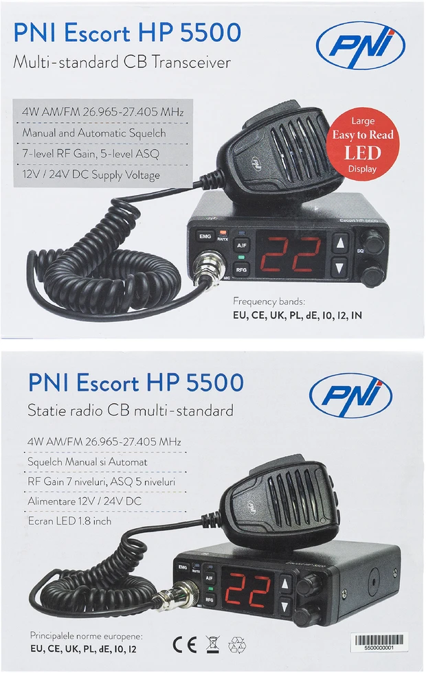 PNI Escort HP 5500 CB radijo stotelė, multistandartinė, 4W, AM-FM, 12V/24V, ASQ, RF Gain, komplekte yra cigarečių degiklio kištukas