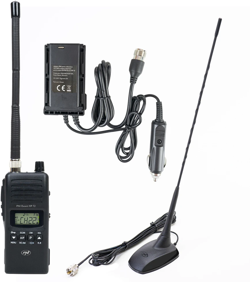 PNI Escort HP 72 CB radijo stoties komplektas su maitinimo adapteriu ir PNI Extra 48 antena