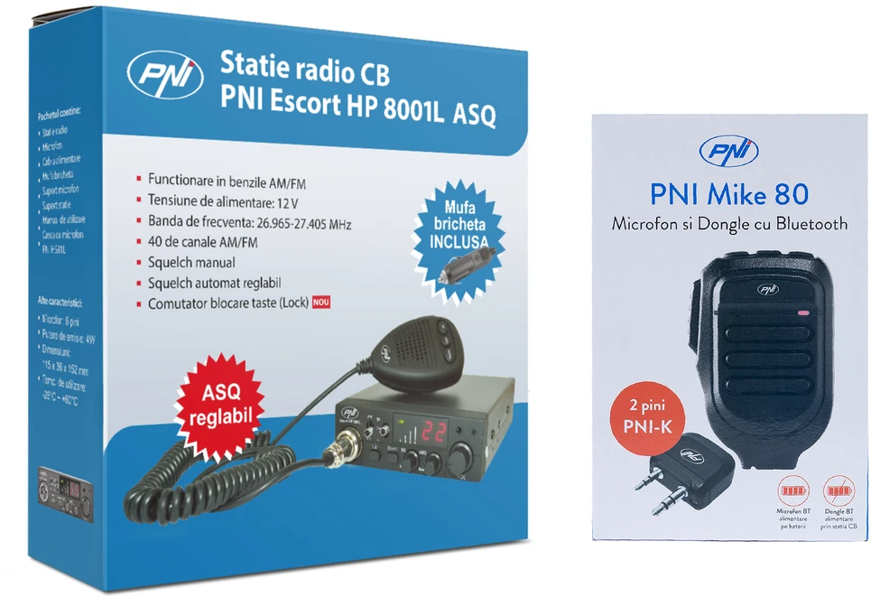 PNI Escort HP 8001L ASQ CB radijo stoties komplektas + mikrofonas ir PNI Mike 80 „Bluetooth“ adapteris