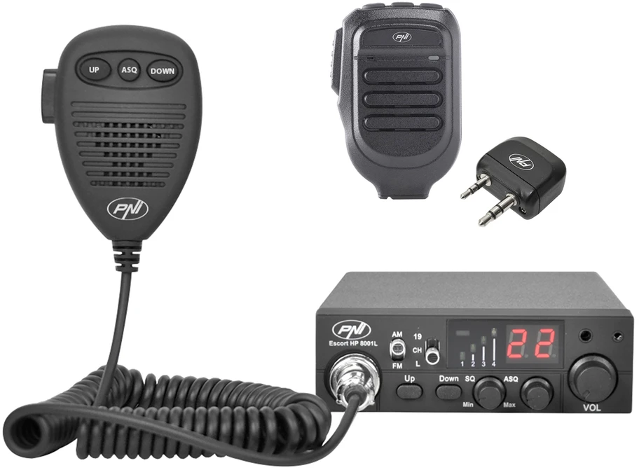 PNI Escort HP 8001L ASQ CB radijo stoties komplektas + mikrofonas ir PNI Mike 80 „Bluetooth“ adapteris