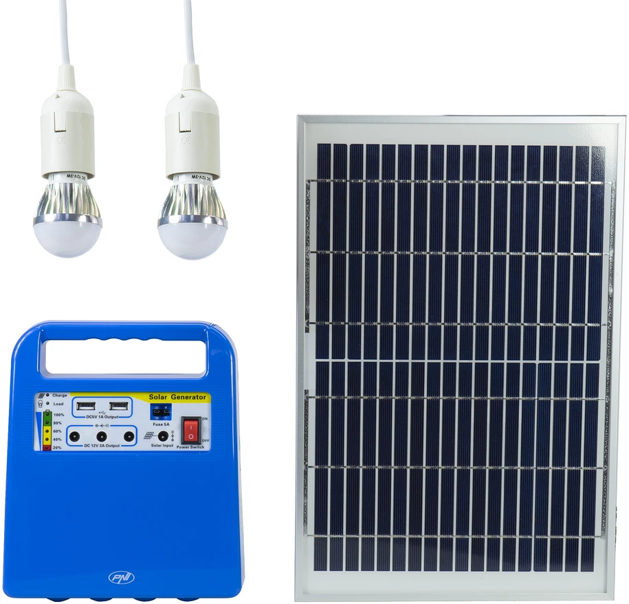 PNI GreenHouse H01 30W saulės fotovoltinė sistema su 12V / 7Ah akumuliatoriumi, USB / radiju / MP3, 2 LED lemputėmis