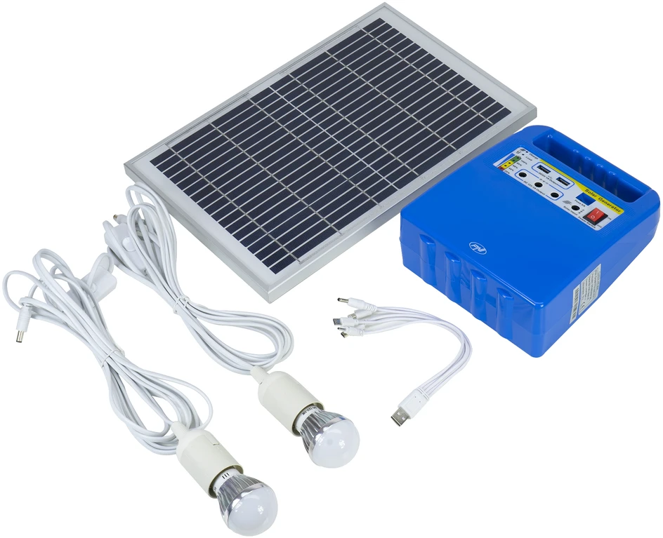 PNI GreenHouse H01 30W saulės fotovoltinė sistema su 12V / 7Ah akumuliatoriumi, USB / radiju / MP3, 2 LED lemputėmis